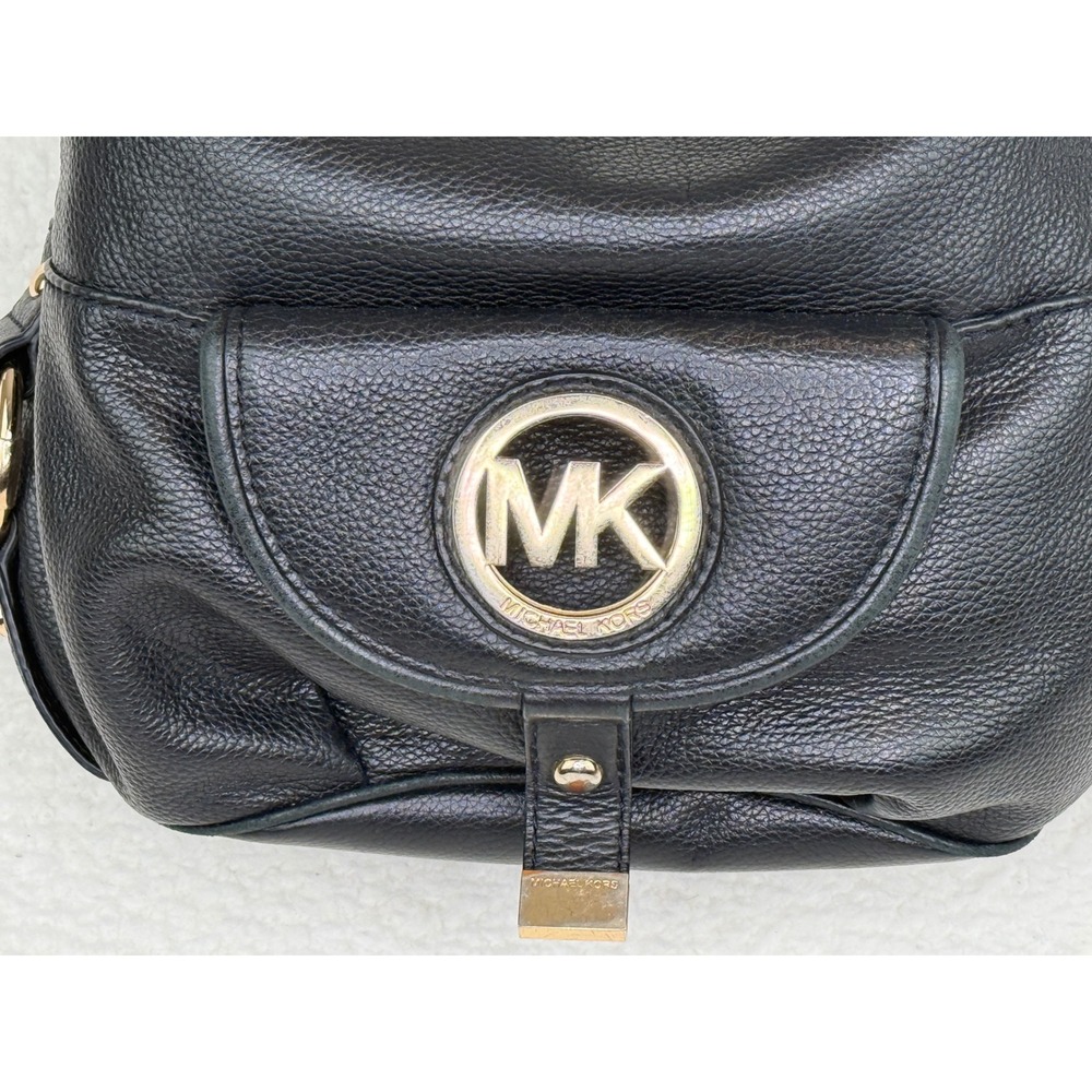 Michael Kors Fulton Hobo Bag Black Pebbled Leather Gold MK Logo Shoulder Bag - Picture 3 of 14